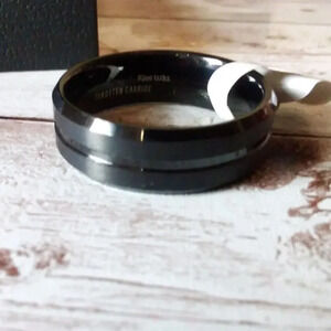 NIB Size 14 Classic Black 8mm Grooved Tungsten Carbide Wedding Band Ring